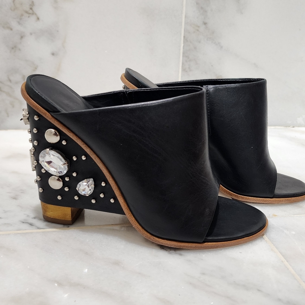 Tibi Britt Mules Black Leather Jeweled Studded Wedge 38 Open Toe - Picture 7 of 16